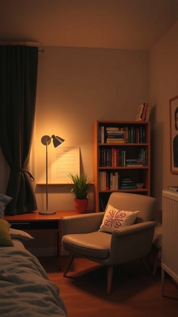 Cozy reading nook in a dorm room with a chair, bookshelf, and warm lighting.