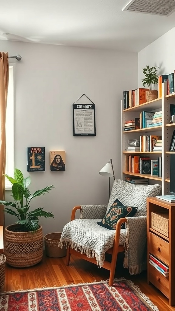 A cozy reading nook featuring a comfortable chair, bookshelves filled with books, a plant, and a warm atmosphere.