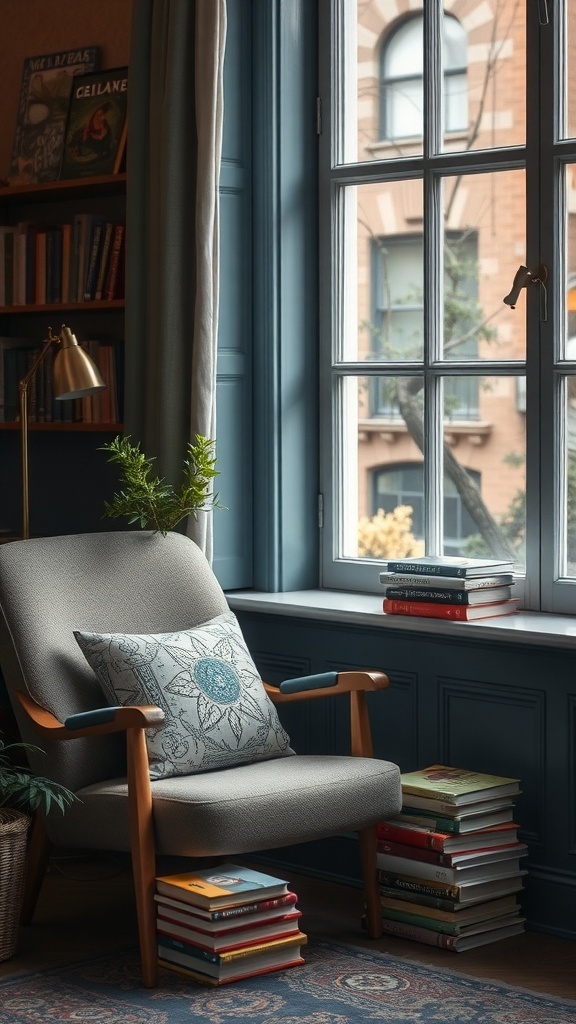 A cozy reading nook featuring a gray chair, decorative pillow, and stacked books by a window.