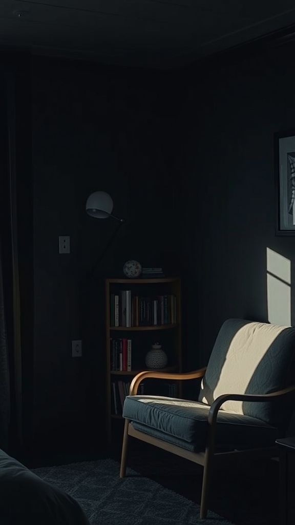 A cozy reading nook in a dark bedroom with a chair and bookshelf