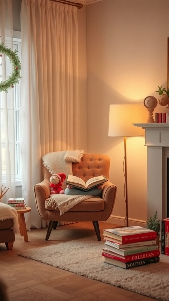 Cozy reading nook with a chair, blanket, and books in a warm living room