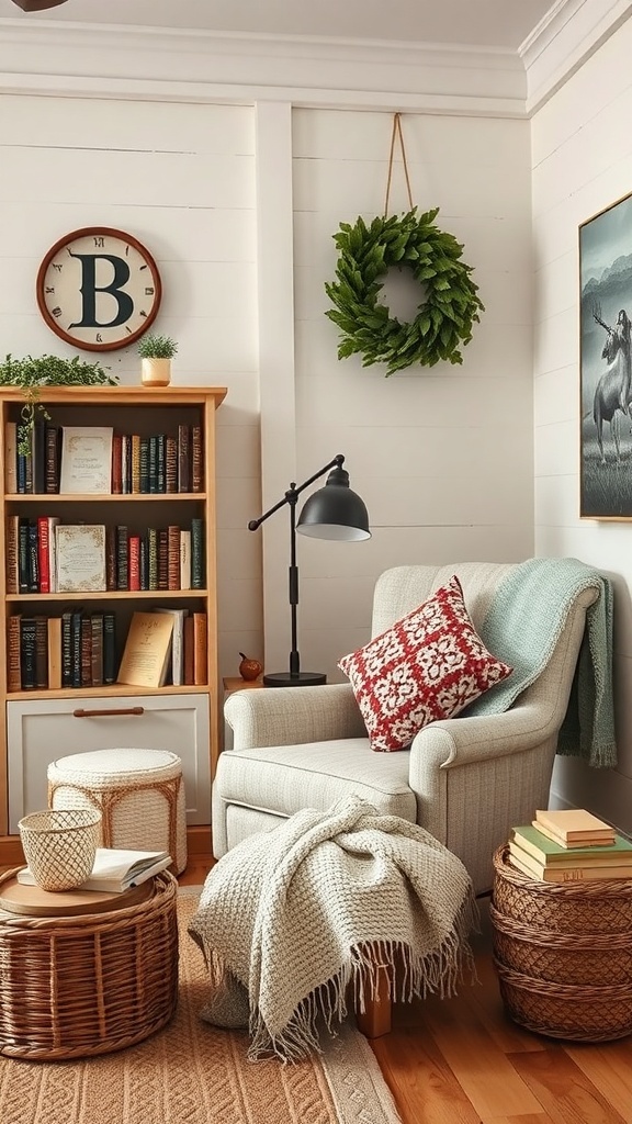 A cozy reading nook featuring a soft armchair, warm blankets, and a bookshelf.