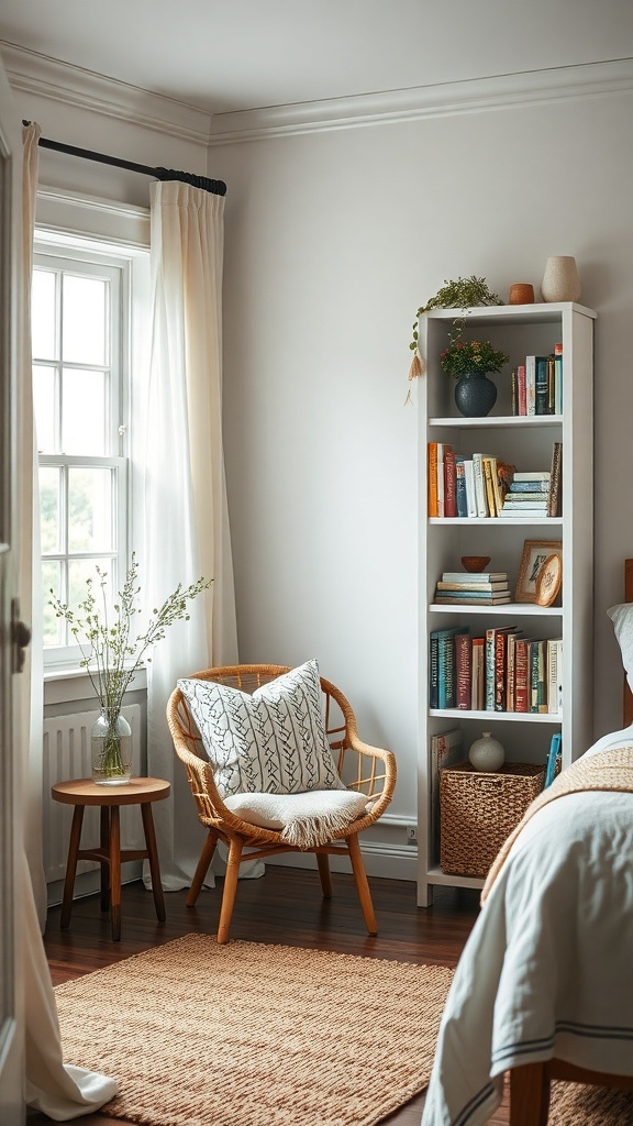 A cozy reading nook with a chair, bookshelf, and natural light.
