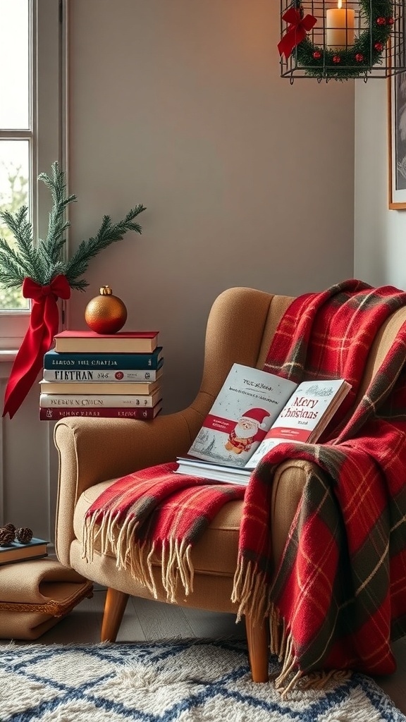 Cozy reading nook with a chair, blanket, books, and Christmas decorations