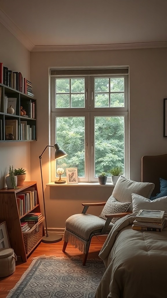 A cozy reading nook featuring a comfortable chair, bookshelves, and warm lighting.