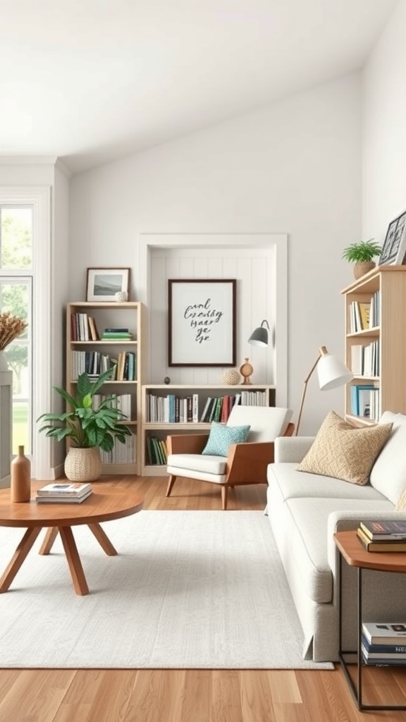 Cozy reading nook in a contemporary farmhouse living room with a chair, bookshelves, and a coffee table.
