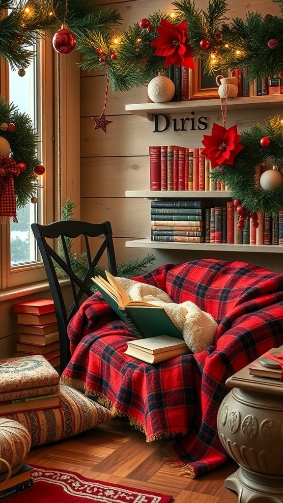 A cozy reading nook decorated for Christmas with a plaid blanket, pillows, and festive ornaments.