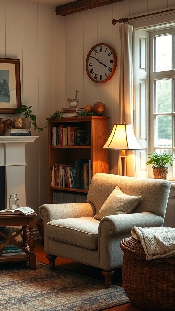 Cozy reading nook in a country farmhouse living room with a comfortable chair, lamp, and bookshelf.