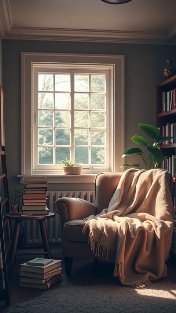 A cozy reading nook with a chair, blanket, and books by the window.