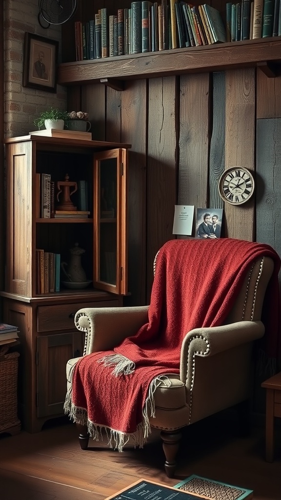 A cozy reading nook with a chair, blanket, and bookshelves.