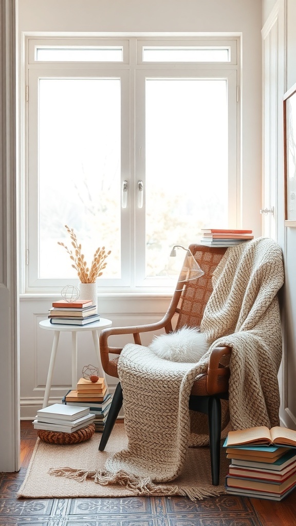 A cozy reading nook with a chair, blanket, and stacks of books by a window.