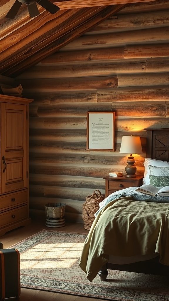 Cozy reading nook in a rustic bedroom with wooden walls and warm lighting.