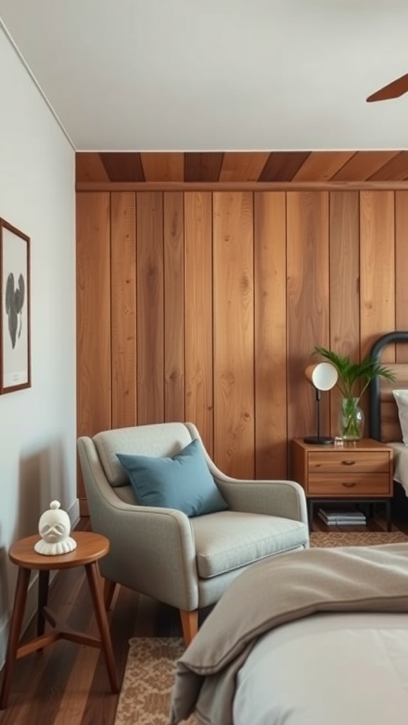 Cozy reading nook in a rustic modern bedroom with a comfortable chair and side table.
