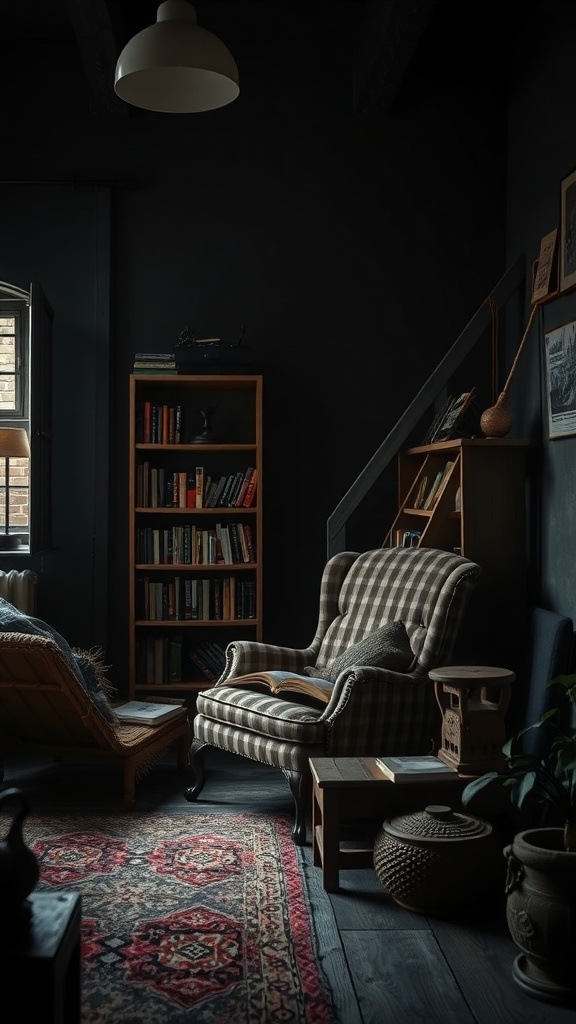 A cozy reading nook with a plaid armchair, a wooden bookshelf filled with books, and warm lighting.