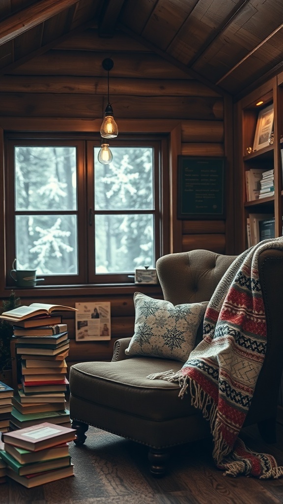 A cozy reading nook with a chair, blankets, and stacks of books near a window showing snow.