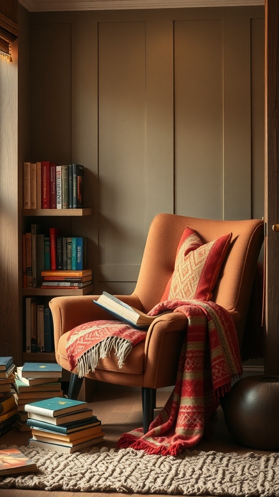 Cozy reading nook with a comfortable chair, warm blanket, and books stacked nearby.