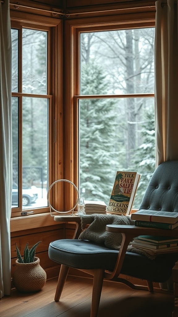 Cozy reading nook with a chair, books, and a view of snowy trees outside