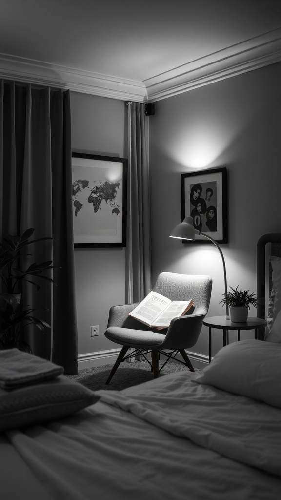 Cozy reading nook with a chair, lamp, and open book in a black and white bedroom.
