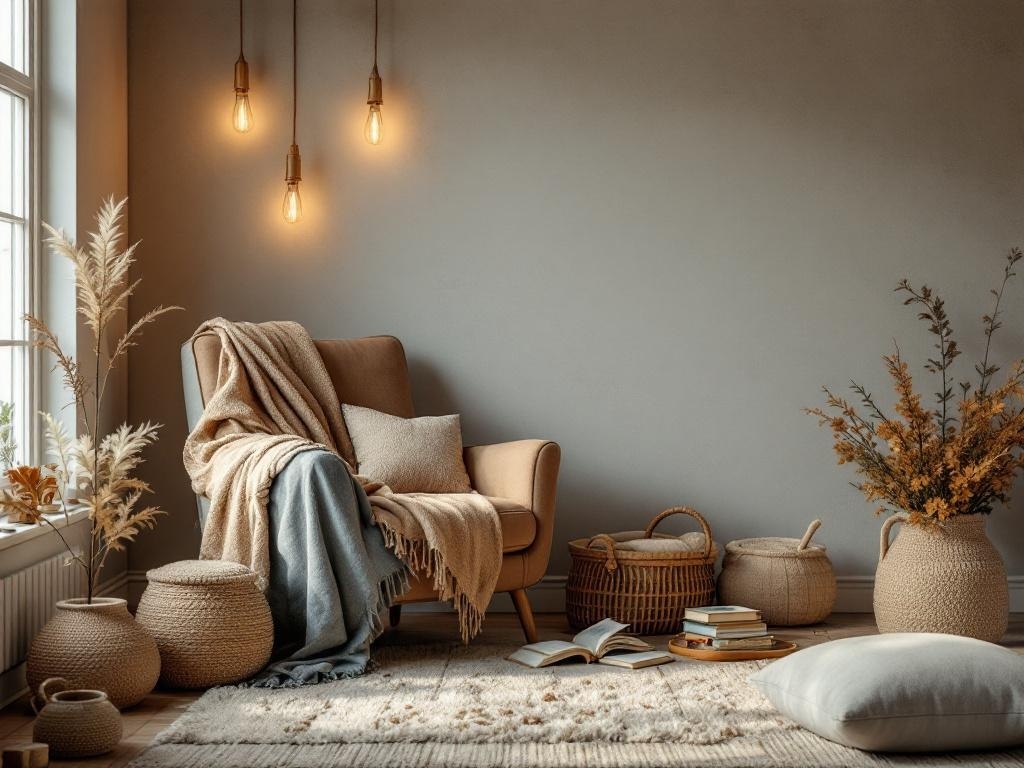Cozy reading nook with an armchair, blanket, books, and warm lighting.