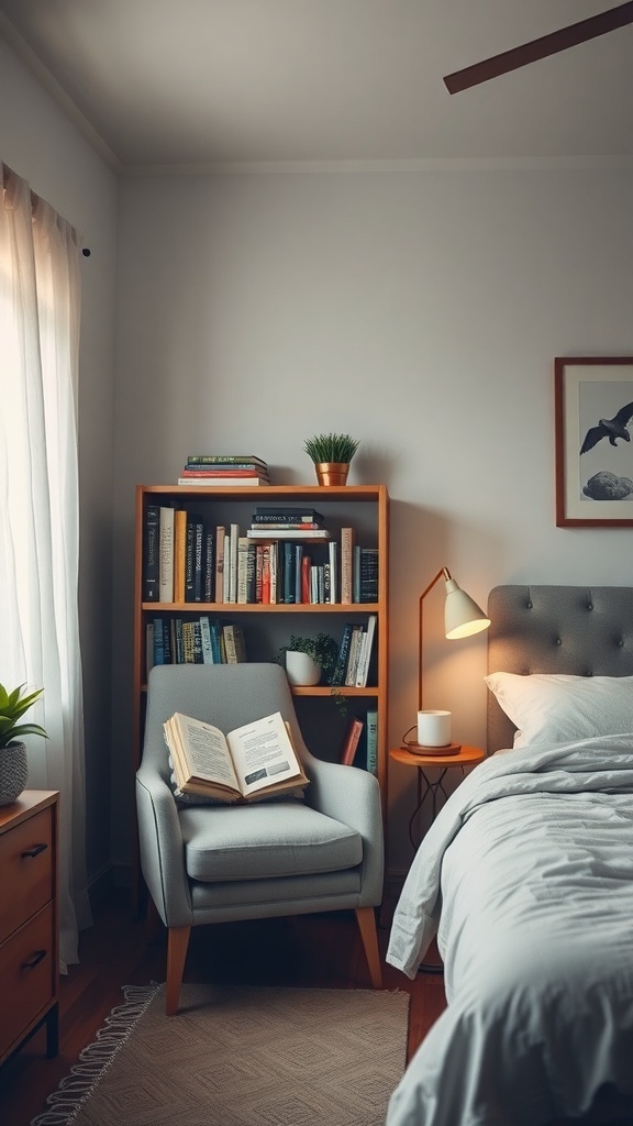 A cozy reading nook with a gray chair, an open book, a bookshelf, and soft lighting.