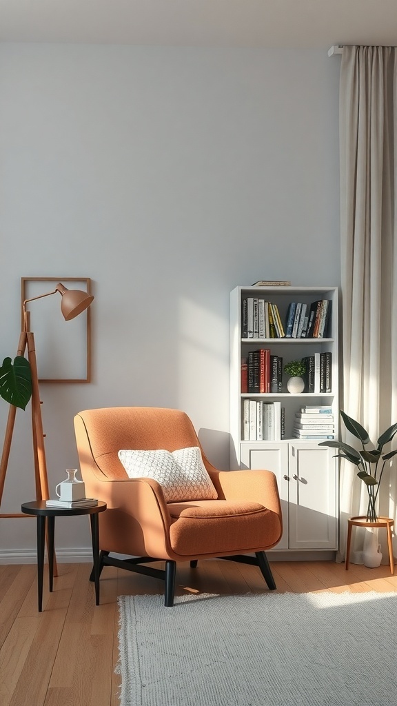 A cozy reading nook featuring an orange chair, a side table, and bookshelves.