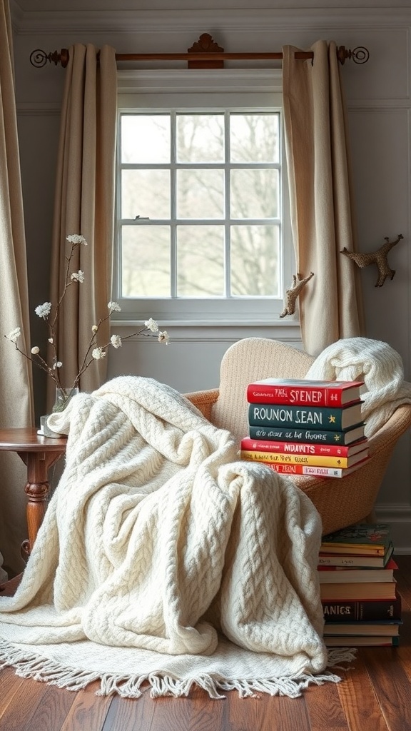 A cozy reading nook with a chair, blankets, and a stack of colorful books.