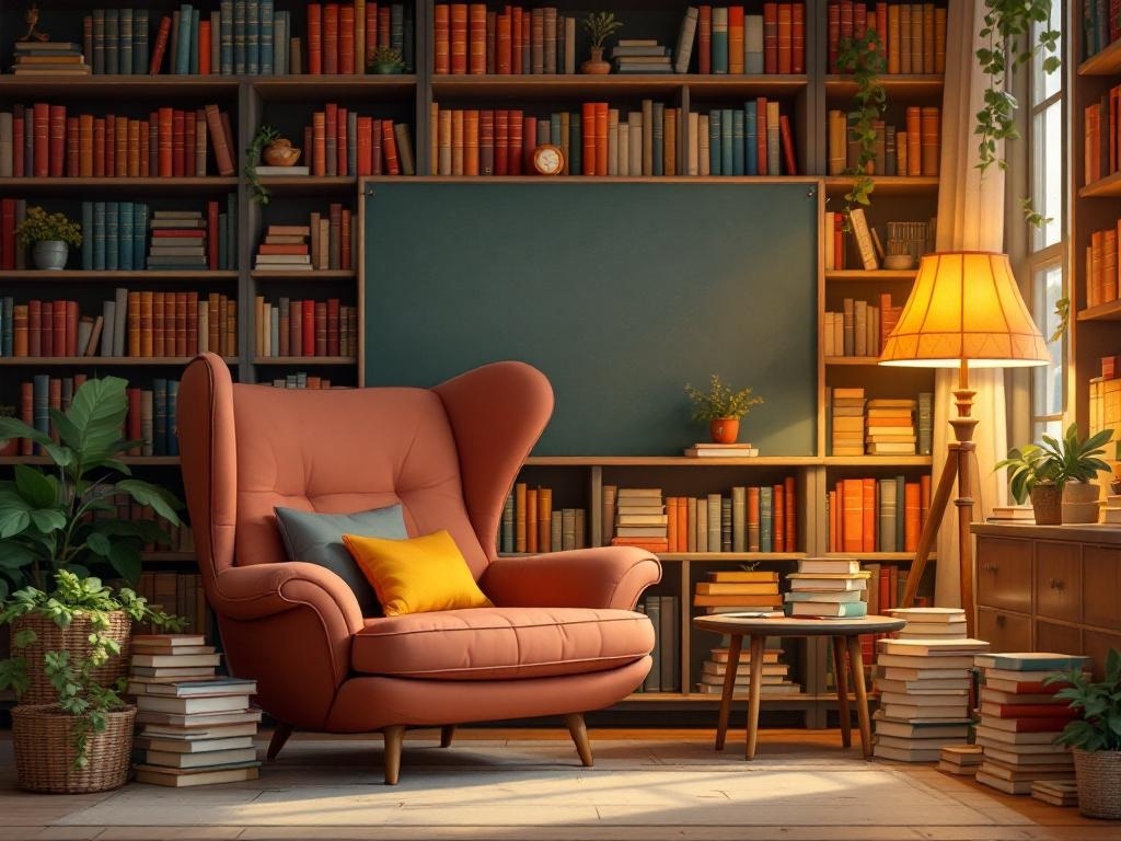 A cozy reading nook featuring an orange chair, bookshelves filled with colorful books, a small table, and a lamp.