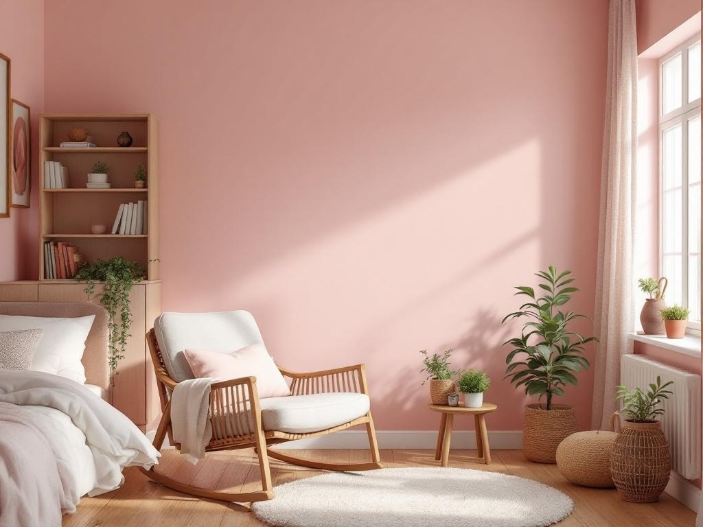 Cozy reading nook in an earthy pink bedroom with a rocking chair, plants, and a bookshelf.