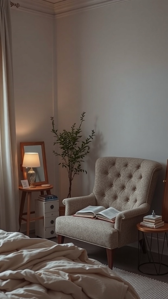 A cozy reading nook with a tufted armchair, warm lamp, and a small table with books.