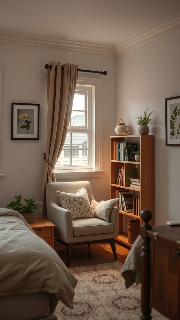 Cozy reading nook with a chair and bookshelf in a small guest bedroom