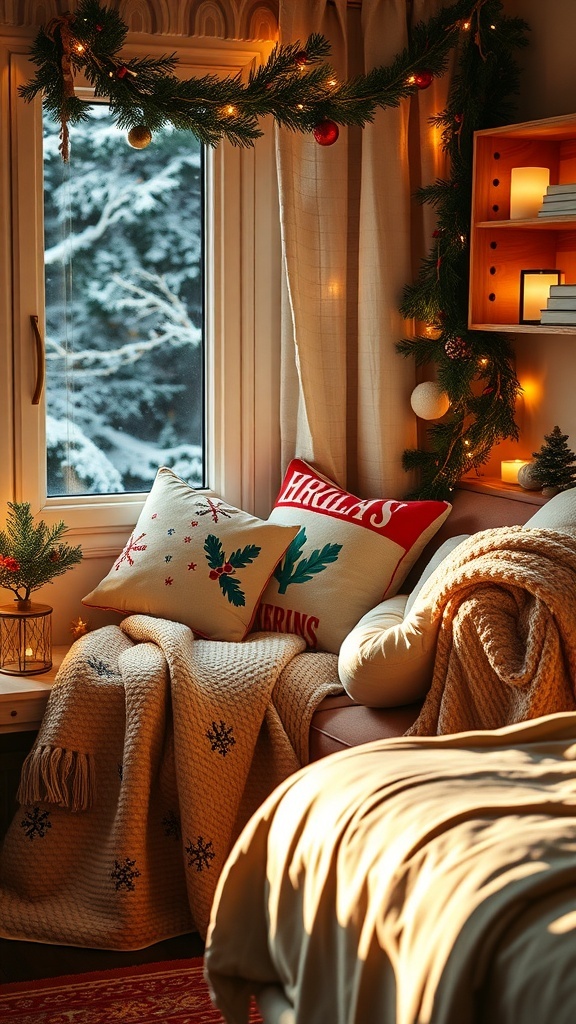 Cozy reading nook decorated for Christmas with pillows and a small tree.