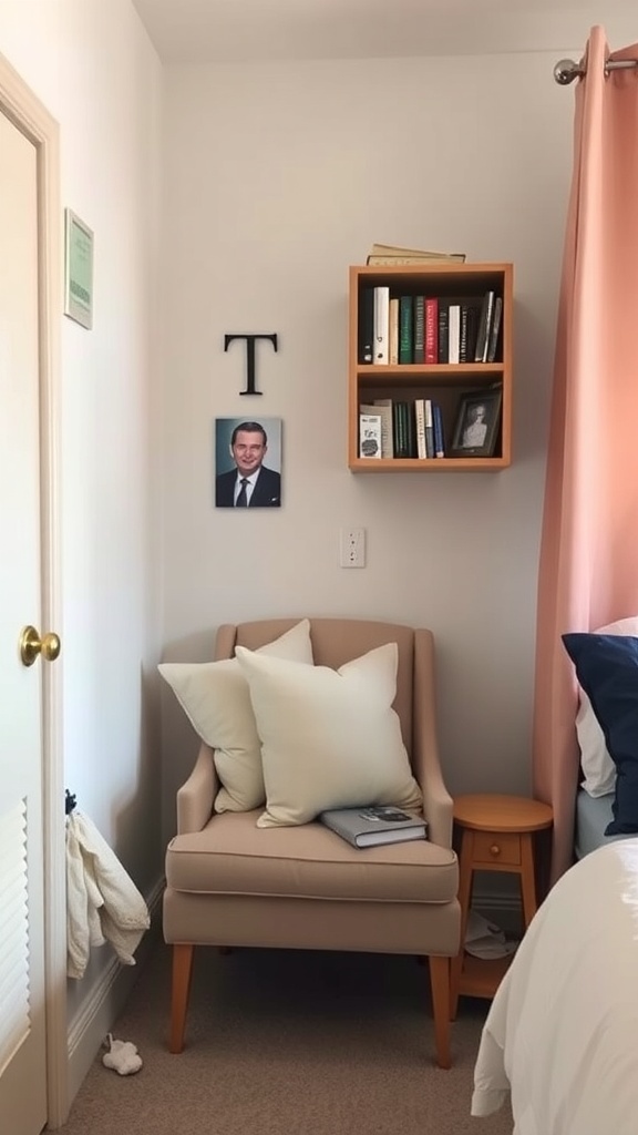 Cozy reading nook with a chair, pillows, a side table, and a bookshelf in a dorm room.