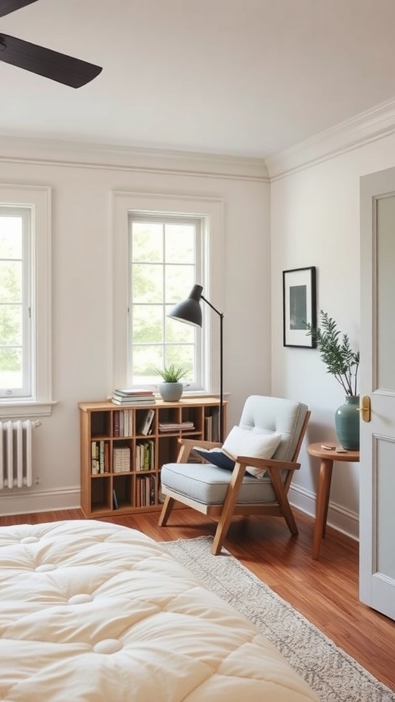 Cozy reading nook in a modern farmhouse bedroom with a chair, bookshelf, and lamp.