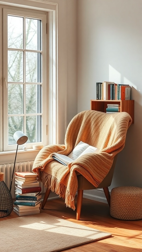 A cozy reading nook with a chair, blanket, and books by a window.