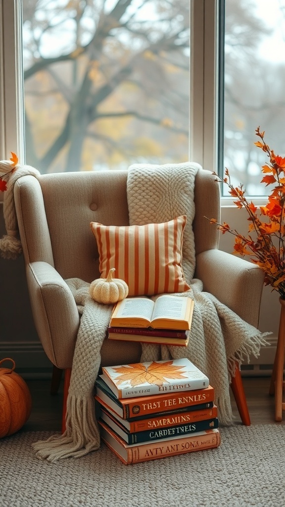 A cozy reading nook featuring a plush chair, a knitted throw, a striped pillow, a small pumpkin, and stacked books by a window with autumn foliage outside.