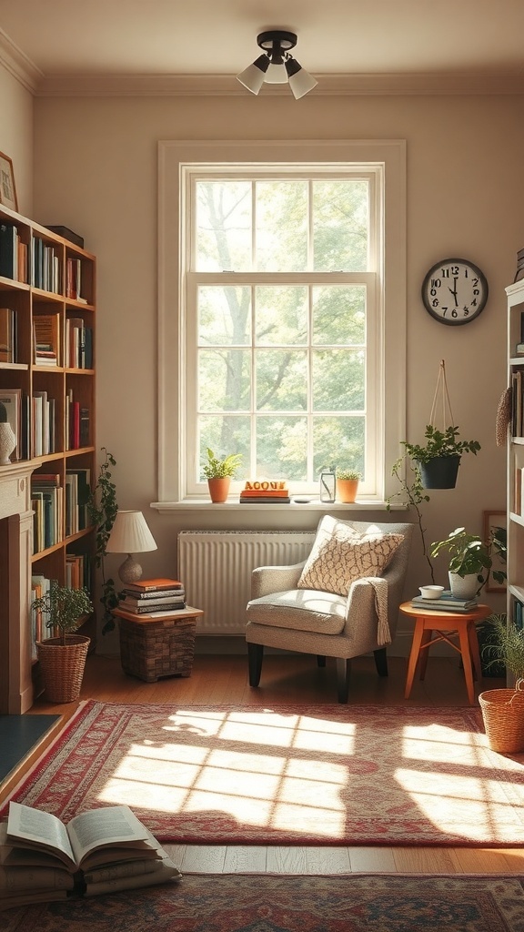 A cozy reading nook with a comfortable chair, bookshelves, and natural light.