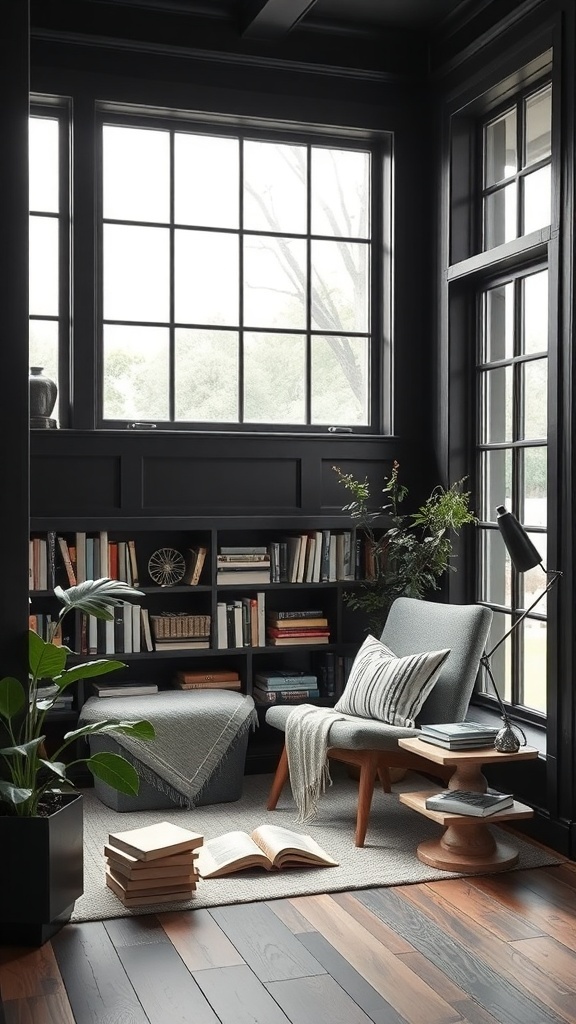 Cozy reading nook in a black modern farmhouse with a chair, bookshelves, and natural light.