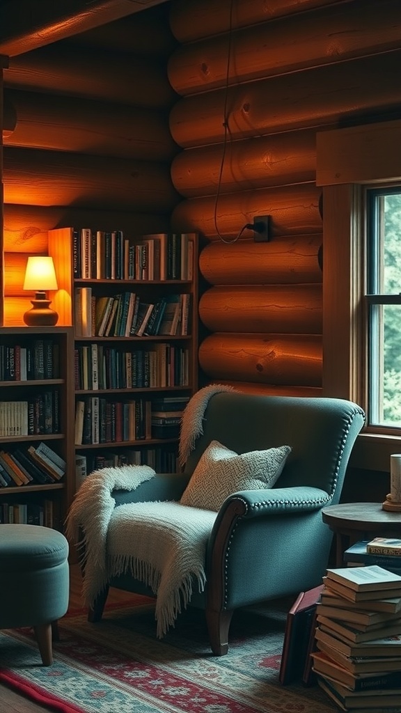 Cozy reading nook in a log cabin with a comfortable chair, warm lighting, and a bookshelf.