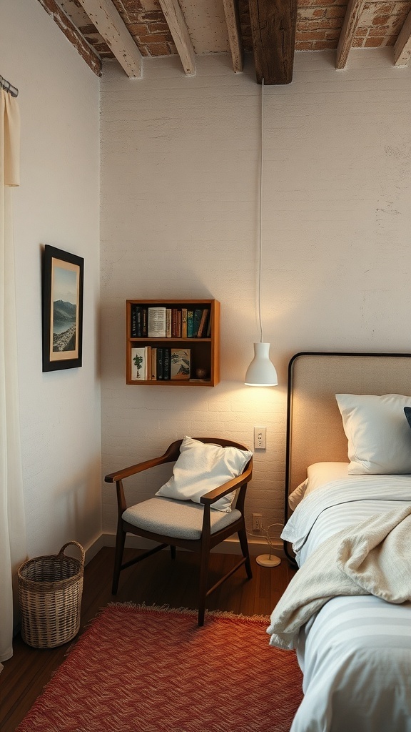 A cozy reading nook in a rustic bedroom featuring a chair, bookshelf, and soft lighting.