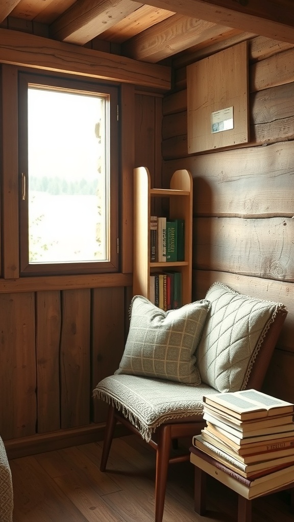 A cozy reading nook with a chair, pillows, and a small bookshelf by a window.