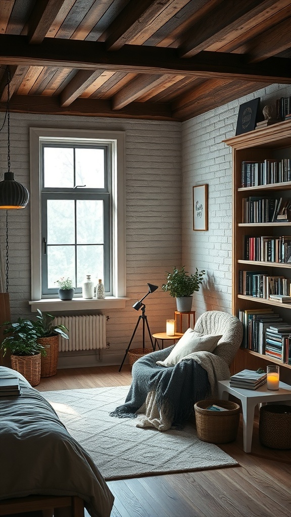 A cozy reading nook in a modern rustic bedroom with a comfortable chair, bookshelves, and plants.