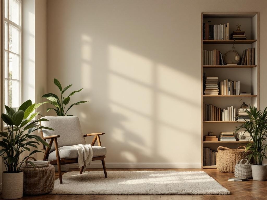 A cozy reading nook with a soft armchair, plants, and a bookshelf filled with books.