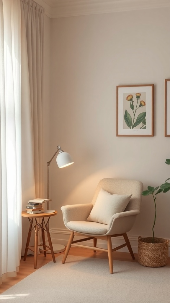 A cozy reading nook featuring a soft chair, warm lamp, and neutral decor.