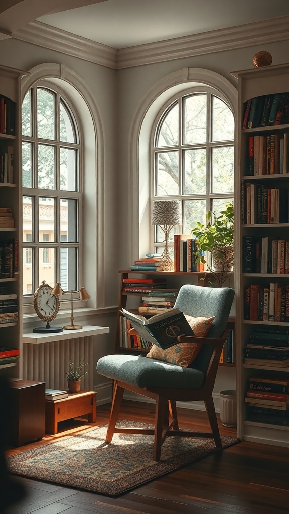 A cozy reading nook with a blue chair, bookshelves, and natural light.