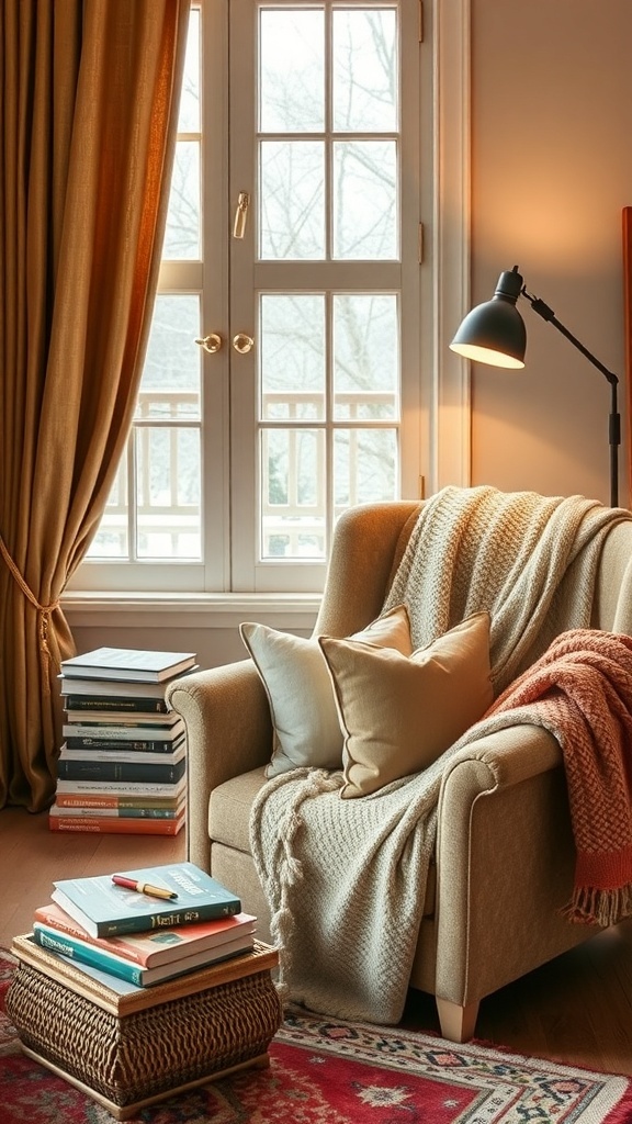 A cozy reading nook featuring a comfortable chair, a warm blanket, a bookshelf filled with books, and a side table.