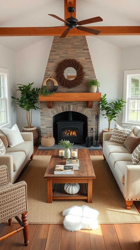 Cozy rustic living room with neutral sofas, wooden coffee table, and plants.