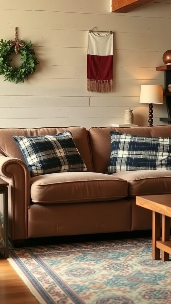A cozy rustic sofa with plaid pillows and a warm atmosphere.