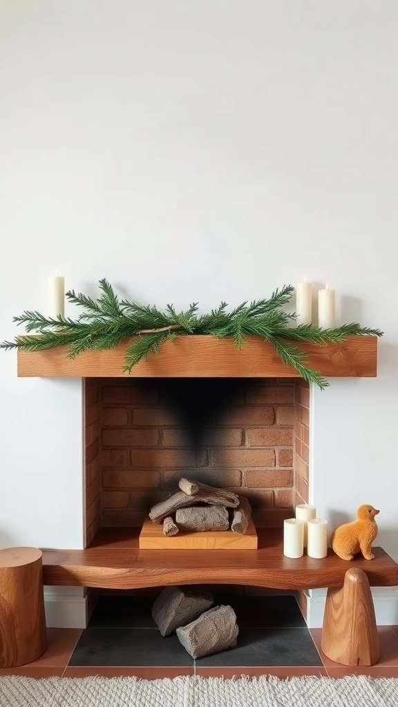 A minimalist Christmas fireplace mantel decorated with greenery and candles.