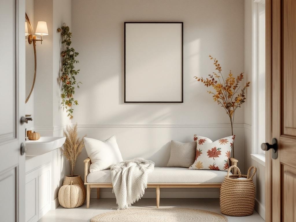 Cozy bathroom seating area with fall decor including pillows, a small tree, and pumpkins