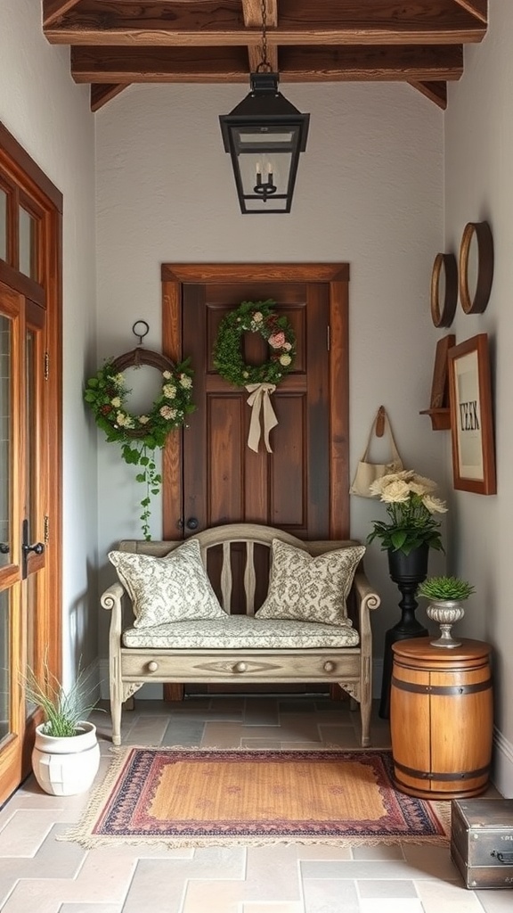 A rustic entryway featuring a cozy bench, decorative wreaths, and warm lighting.